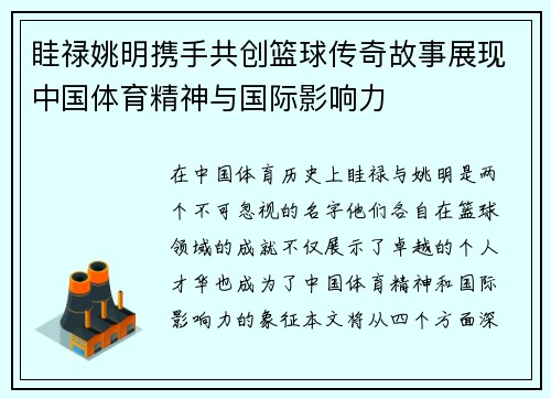 眭禄姚明携手共创篮球传奇故事展现中国体育精神与国际影响力